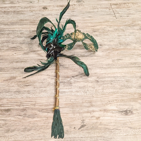 Venetian Cat Eye Ladies Masquerade Ball Mask on a Stick in Dark Emerald Green - Picture 5 of 6